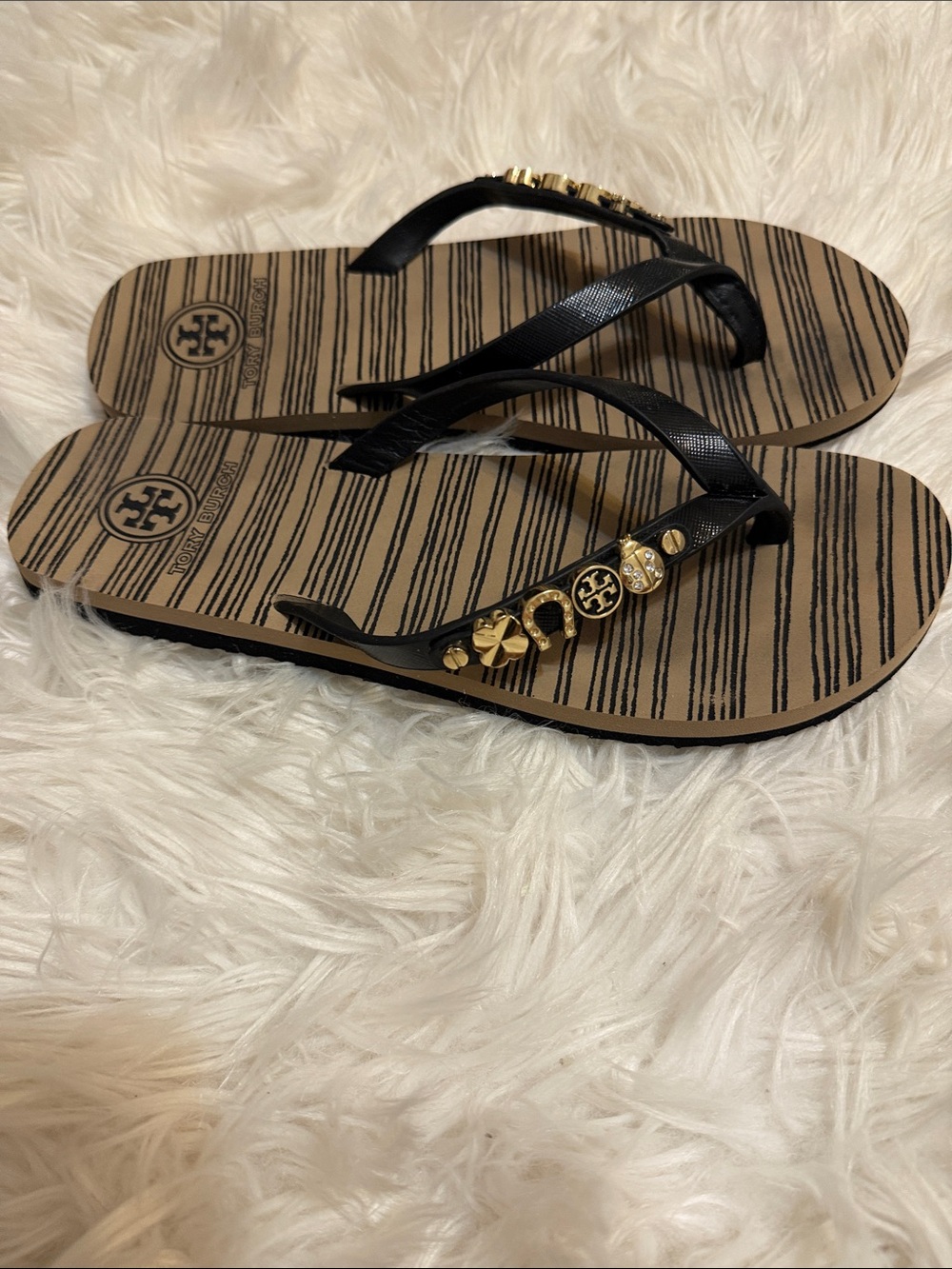 Tory Burch Black Striped Footbed Flip Flop Sandals with Gold Accents Sz 9 - Picture 4 of 14